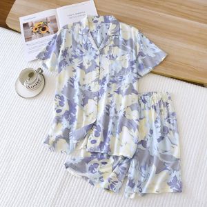 Womens Summer 2026 Pajama Set – Printed Silk Satin Short-Sleeve & Shorts Two-Piece Loungewear with Lapel Collar