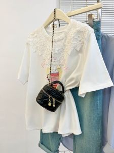 plus Size Lace Splice Short Sleeve Womens Summer Loose Slimming Trendy Design Top Korean Style Cotton T-shirt Casual Commute