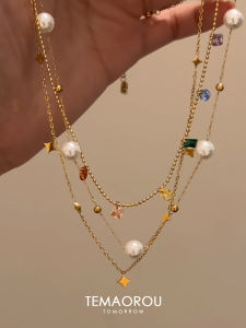 Retro Layered Autumn Winter Small Necklace Sparkling Starburst Pendant Pearl Choker Fashion Jewelry Accessory New Arrival