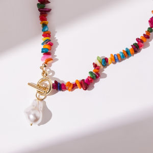 [HOT SALE] IDOKAWA Baroque Pearl Necklace Bohemian Jewellery For Women Irregular Multicolor Cubic Stone Simple Boho Style Short Bead Choker For Lady Girl Fashion Vintage Vaction Style OT Buckle Chain NO3001WW