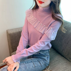 Yige 2024 Mới Bán cổ cao Dệt Kim Áo len mặc lót Với Một Thích Hợp Và Hợp Thời Trang Thiết Kế Có Một áo hồng Với Ruffled Cạnh Cho Phụ Nữ
