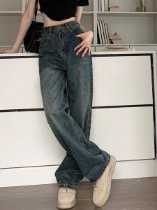 พลัสไซส์ ผู้หญิง ฤดูหนาว ผ้าขนแกะ ขาตรงเรียงราย กางเกงยีนส์ สูง เอว หลวม พอดี พรางหุ่น ขากว้าง เดนิม กางเกงทรงหลุมฉีกขาด