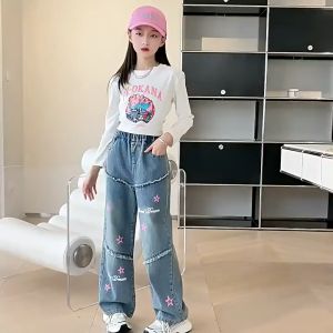 Korean Style Maong Pants for Kids Girls High Quality Soft Denim Pants Fashion Star Print Jeans Furry Edge Decoration Baggy Trousers 7-16yrs