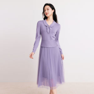 Koradior | Elegant Long Sleeve Wool Pleated Dress Female