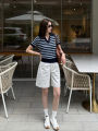 YUEZHONGWEI | Áo thun polo tay ngắn dệt kim lụa băng American Shoulder Color Block Stripes dành cho nữ mùa hè ôm vừa vặn thon gọn. 