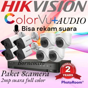 PAKET CCTV HIKVISION 8CHANNEL 8 CAMERA 2MP COLORVU+MIC SUARA MALAM BERWARNA LENGKAP