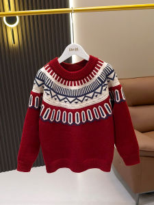 เสื้อสเวตเตอร์ถักคอปีกค้างคาวสีแดงหนาสำหรับเด็กผู้หญิงในฤดูหนาว เสื้อผ้าเด็กสไตล์ชาติพันธุ์ อบอุ่น ยาวคลุมเข่า เสื้อผ้าเด็ก