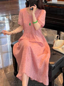 Elegant Summer New Womens Long Dress Floral Print Chiffon High Waist A-Line Skirt for Beach Vacation Short Sleeve round Neck