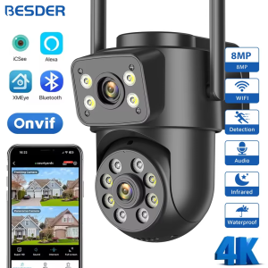 BESDER | BESDER 8MP IP Camera PTZ Auto Tracking Night Vision Outdoor Security Protection Wifi CCTV Surveillance Camera Dual Screens ICSee