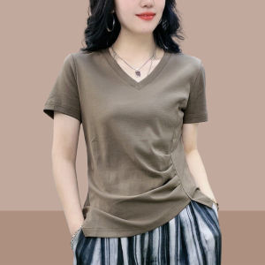 เสื้อยืดคอวีทรงสลิมฟิตผ้าฝ้ายแท้สำหรับผู้หญิงในฤดูร้อนปี 2023 เสื้อยืดคอกลมแขนสั้นทรงสลิมฟิตสำหรับผู้หญิง