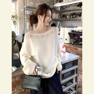 SHANGSHA | Unique Lazy Style White Lace-Up Off-Shoulder Sweater