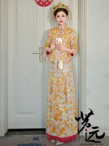 Elegant Heavy Embroidery Dragon And Phoenix Gown Wedding Dress Slimming Chinese Style Bride Suit Small Size Wedding Ceremony