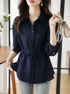 New Womens Chiffon Shirt Loose Fit Drawstring Design Autumn Winter Fashionable Young Looking Large Size Polo Collar Long Sleeve