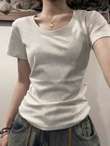 เสื้อยืดแขนสั้นคอวีทรงสลิมฟิตสำหรับผู้หญิงในฤดูร้อน สไตล์อเมริกัน เสื้อเชิ้ตคอกลมเข้ารูป เสื้อชั้นในแบบสวมสบาย