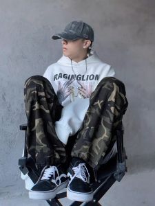 Retro American ลายพราง Work กางเกง ผู้ชาย หลวม Straight High Street ฮิปฮอป INS Wide Leg Long กางเกงขายาว ทันสมัย Youth กางเกงลำลอง