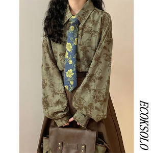 Ecoksolong Sleeve Floral Shirt Men Women Casual Style Spring Fashion Couples Loose Fit Long Sleeve Button up Top