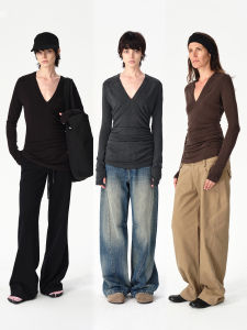 Slim Fit V-Neck Long Sleeve T-Shirt Womens Base Shirt Inner Wear Black Color Block Commute Simple Style Fiber Blend T-Shirt