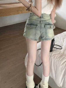 American Retro High Waist Denim Shorts Women Summer Large Size Pockets Design Slimming A-Line Wraparound Hot Pants
