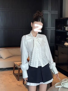 Refined Handmade Lace Patchwork Big Bow Shirt Womens Fall and Winter New Design Sense Lazy and Loose Slim Fit Versatile Top