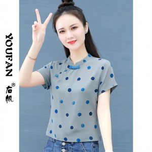 YOUFAN | Traditional Chinese Style Dotted Short-sleeve Shirt Slimming Vintage Top