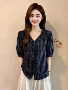 AIYITI | Wood Ears Grid V-neck Short Sleeve Summer Plus-size Blouse