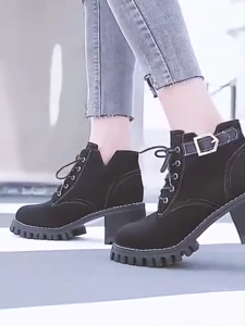 [COD]Womens Martin Boots Ankle Boots Black Chunky Heel Lace Up Thick Sole Fabric Casual Booties Recommended