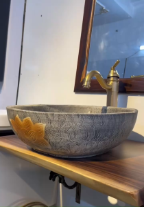 Chậu rửa mặt lavabo đất nung nghệ thuật đặt bàn PHIÊN BẢN GIỚI HẠN LV037 BẢO HÀNH MEN SỨ 20 NĂM - Kiểu tròn hoa văn cổ điển - Mang phong cách trầm mộc - Chính hãng Audi