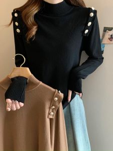 Loose Slimming Knitwear Sweater for Women with Semi-High Collar Long Sleeves and Button Details Casual Style for Fall and Winter
