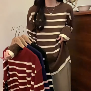 Women Striped Knitted Sweater Long Sleeve Crew Neck Knit Top Korea Baju Lengan Panjang Wanita 女生上衣
