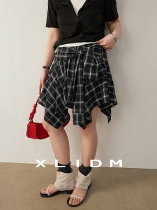 plus Size Womens Skirt with Plaid Design Color Block Effect Fake Shirt Sleeve Belt Loose Fit Summer Short Cotton Blend Skirt