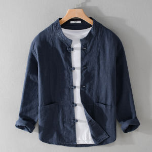Retro Style Button up Collar Casual Shirt Jacket Mens Spring Autumn Cotton Linen Long Sleeve Loose Middle Age Tang Costume