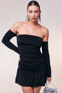 Váy Ngắn Hở Vai Xếp Ly Loavie Màu Đen Gợi Cảm Cho Nữ Mùa Xuân Hè Thu Đông Váy Midi Cổ Chữ V Dài Tay Váy Công Sở