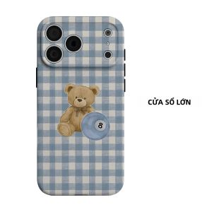 Ốp Điện Thoại Hai Lớp Blue Gingham Bear 8 Ball Cho iPhone 18/17/16/15/14/13/12/11 Air Pro Max Plus - Vỏ TPU Mềm Chống Sốc Chống Trầy Xước