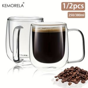 KEMORELA 1/2PCS Double Wall Coffee Cup With Handle Clear Glass Coffee Cup for Ice Coffee Tea Cup Latte Drink Heat Resistant Mugs