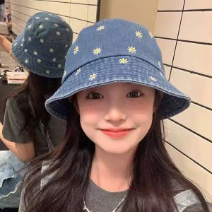 Daisy Embroidered Denim Fisherman Hats Spring and Summer Versatile Basin Hat Outdoor Travel Sun Caps Women Hat