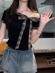 Gingham Patchwork Slimming Butterfly Bow Off-Shoulder T-Shirt