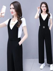 Comfortable Wide Leg Pants Womens Summer Fashion Casual Two-Piece Set Meat Concealing Adjustable Straps High Waist Polyester Fiber