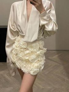 Rose Flower Heavy Work 3D A-Line Mini Skirt Womens Spring Summer Versatile Elegant Short Skirt High Waist Flared Skirt
