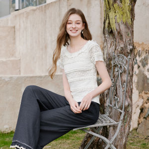 XIANGYING | Lace Short Sleeve Lightweight Floral Embroidery Shirt