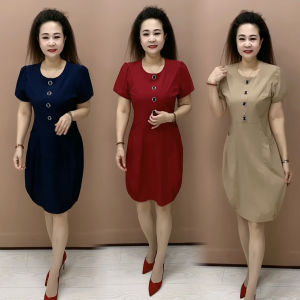 ชุดเดรสลำลองคอตุ้มแขนสั้นทรงเอเข้ารูปสำหรับผู้หญิงช่วงฤดูร้อน ชุดเดรสยาวปานกลางแขนสั้นคอตุ้มทรงเข้ารูป ชุดเดรสทำงานลำลอง