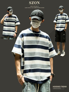 Áo Thun Nam Tay Ngắn Mùa Hè 2024 Phong Cách Đường Phố Rộng Rãi Màu Tương Phản Sọc Cổ Tròn Cotton Polyester Thời Trang Thường Ngày