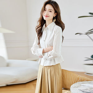 Elegant Pure Cotton Striped Shirt Long Sleeve Womens Style Casual Chic Spring Autumn Top High Waist Korean Version Button Detail