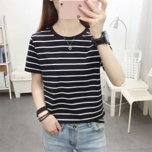 Summer New Large-Size Loose Slimming Short-Sleeve T-Shirt for Women Striped Cotton Crewneck Work Shirt Regular Length