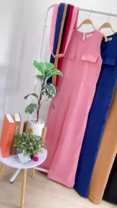 P19927 จั๊มสูทแขนกุดขาเย็บเบิ้ล+เชือกผูกเอว