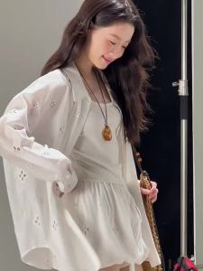 Leisure Vacation Suit for Women Summer Vest Hollow-out Embroidery Long-sleeve Sunscreen Blouse and Skirt Pants