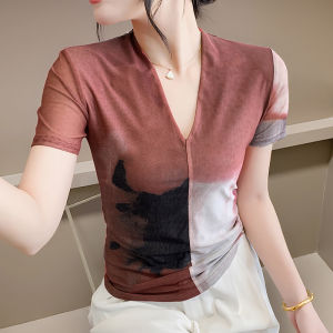 Yimei 2025 Hợp Thời Trang Mới Cà Vạt lưới Nhuộm Hàng Đầu Mùa Hè vải co giãn tay ngắn Chữ Thập Áo Phông Cổ Chữ V Cho Phụ Nữ