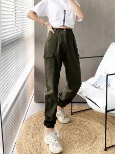 High Waist Casual Trousers Military Green American Street Style Long Length Womens Workwear Pants Comfortable Loose Fit
