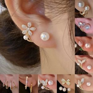 Korean Vintage Pearl Crystal Earrings for Women High Fashion Jewelry Ear Studs Gold Plated Non-Registered Brand
