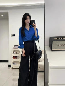 Salt Series Klein Blue Shirt Wide Leg Pants Two Piece Set plus Size Fashion Autumn Wear Comfortable Casual Style Womens Ensemble