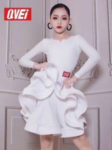 QVEi Latin Dance Costume for Girls Childrens Professional Standard Dance Performance Competition Uniform Long Sleeve
